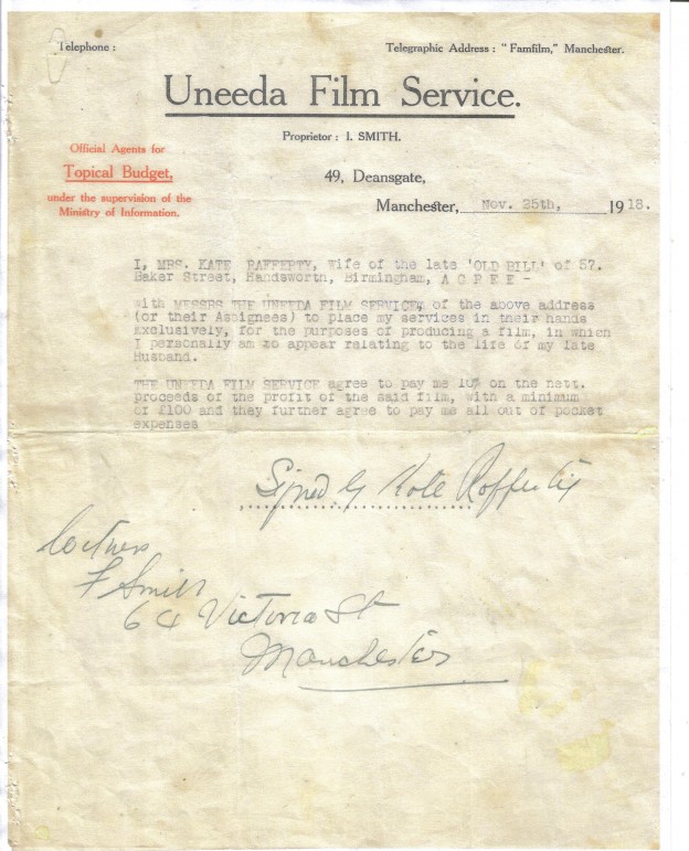 Uneeda Film Service Signed by Kate Rafferty  & I Smith - 64 Victoria St Manchester 25/11/1918